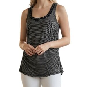 WHITE HOUSE‎ BLACK MARKET Black and White Striped Beaded Ruched Top EUC XS
